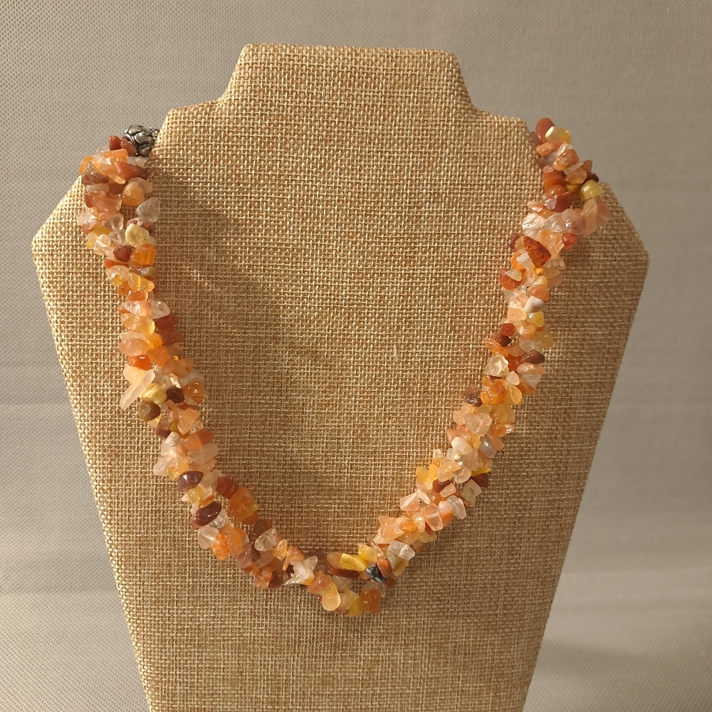 Handmade Women's Bohemian Triple Strand Gemstones Necklace Orange/Brown/Yellow